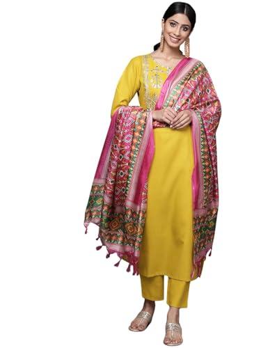 amayra women's embroidered cotton straight kurta with pant and dupatta set(yellow,m)