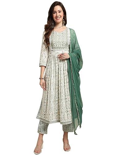 amayra women's nayra cut embroidered kurta with pant and dupatta set(tck485,m) green