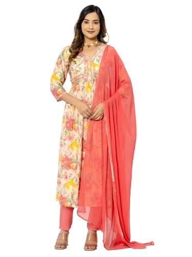 amayra women's printed alia cut kurta with pant and dupatta set(tck556,pink,s)