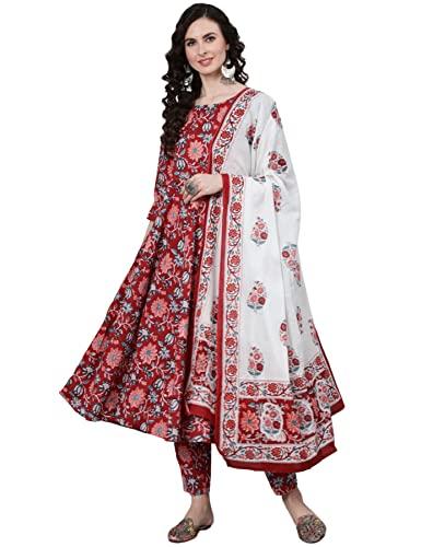 amayra women's rayon printed anarkali kurti with palazzos and dupatta set(maroon,s)