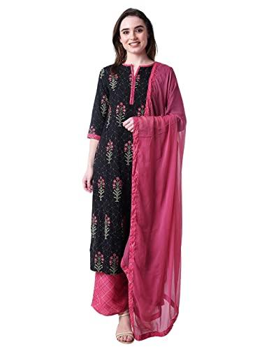 amayra women's rayon printed straight kurta with palazzos and dupatta set(black,m)