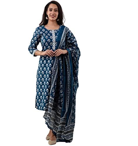 amayra women's rayon printed straight kurta with pant and dupatta set(blue,3xl)