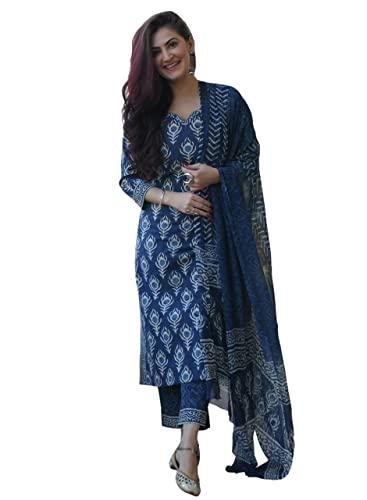 amayra women's rayon printed straight kurti with palazzos and dupatta set(blue,l)