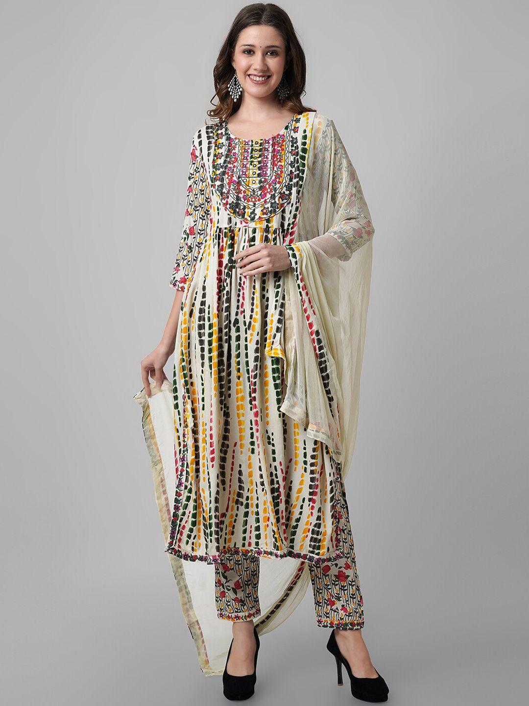 amayra women abstract printed thread work kurta with trousers & dupatta