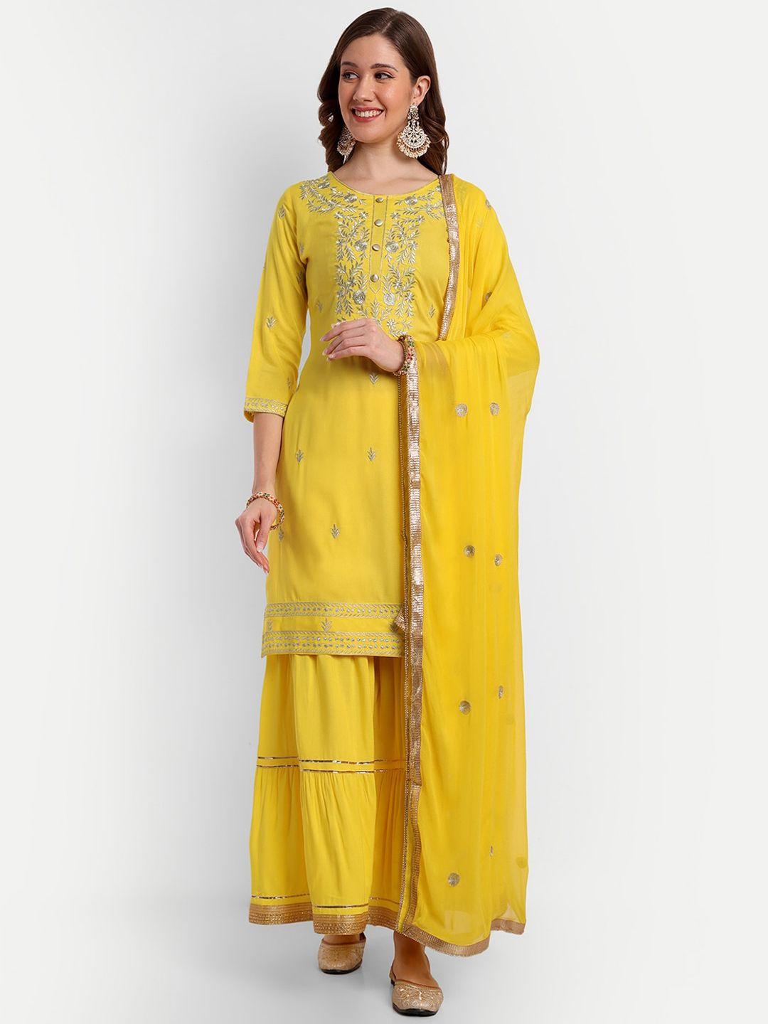 amayra women ethnic motifs embroidered kurta & sharara with dupatta