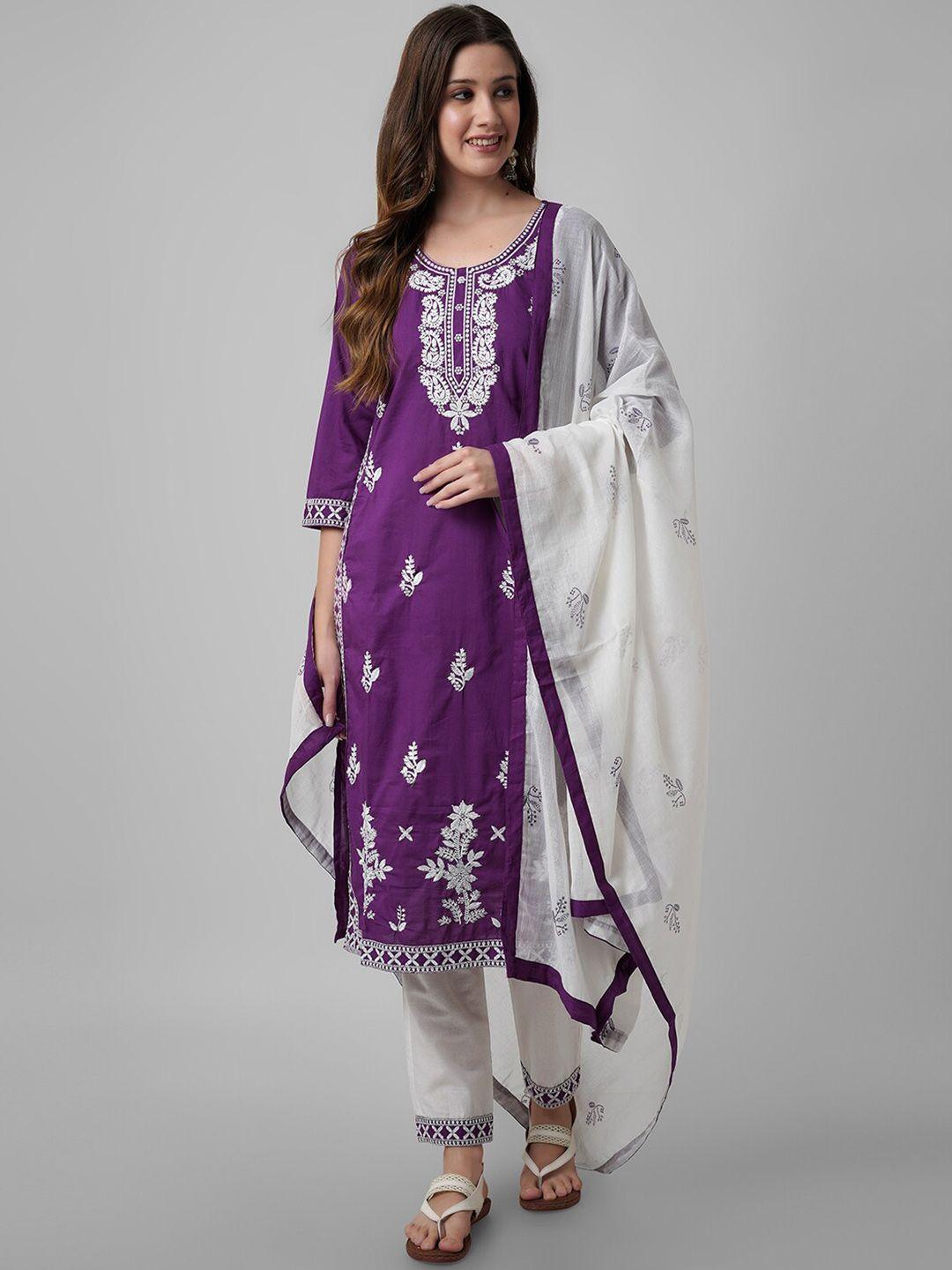 amayra women ethnic motifs embroidered pure cotton straight kurta with trousers & dupatta