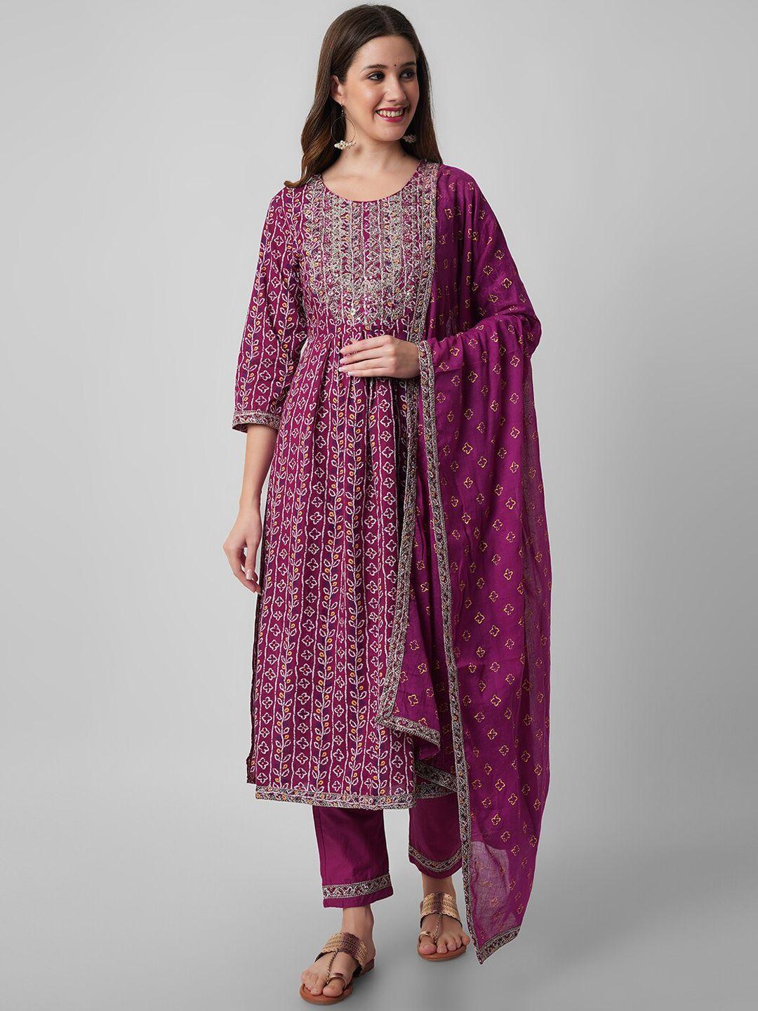 amayra women ethnic motifs printed mirror work pure cotton kurta with trousers & dupatta
