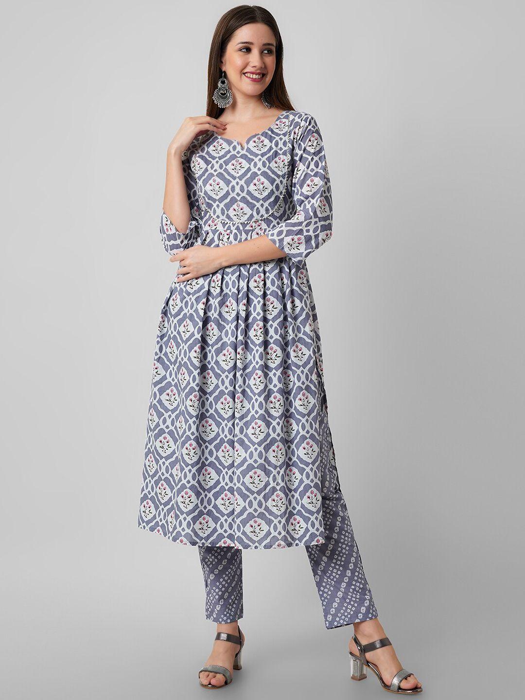 amayra women ethnic motifs printed regular thread work pure cotton kurta with trousers