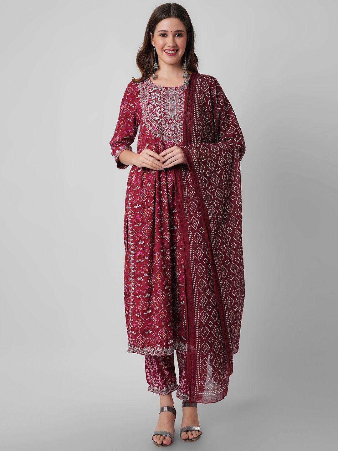 amayra women ethnic motifs printed thread work a-line kurta with trousers & dupatta