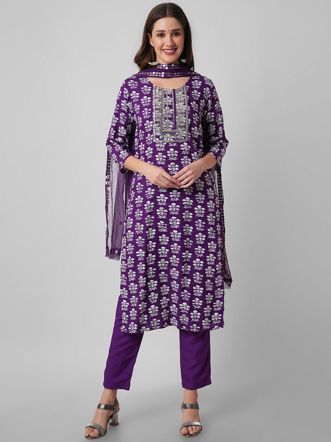 amayra women ethnic motifs printed thread work straight kurta & trousers with dupatta