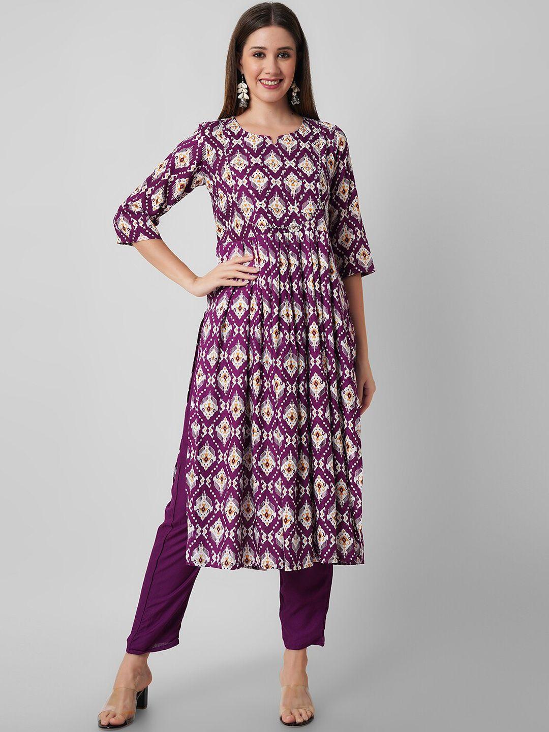 amayra women geometric printed notched neck gotta patti pleated a-line kurta with trousers