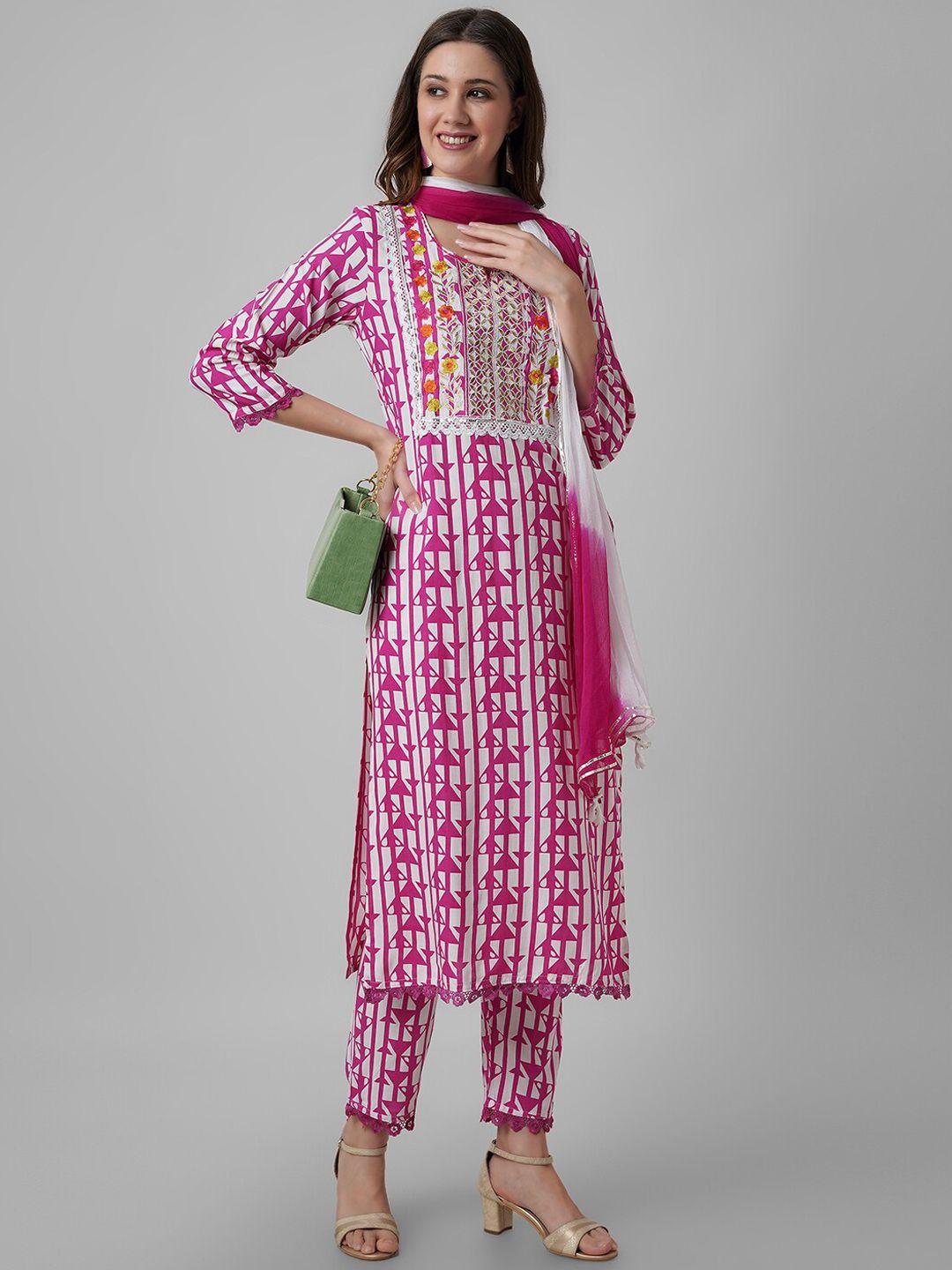 amayra women geometric printed regular kurta with trousers & with dupatta