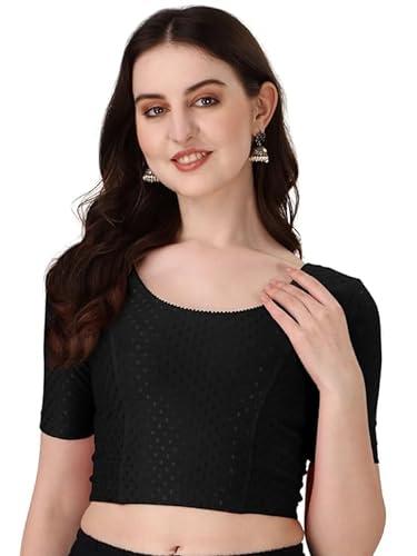 amazon brand - anarva round neck dobby cotton lycra stretchable elbow sleeve readymade saree blouse for women stylish(cotton-dobbi-blouse-black-l)