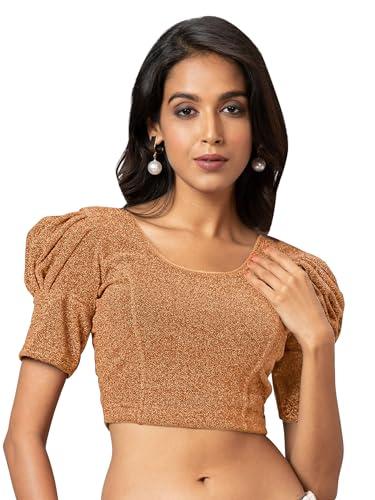 amazon brand - anarva women's readymade shining lycra stretchable round neck half sleeve pink blouses(shining-copper-l)