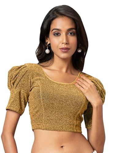 amazon brand - anarva women's readymade shining lycra stretchable round neck half sleeve pink blouses(shining-gold-l)