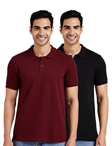 amazon brand - symbol men's cotton rich polo t shirt | collar tshirts | half sleeves | plain (combo pack of 2) - regular fit (jet black & pomegranate_xl)