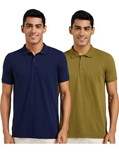 amazon brand - symbol men's cotton rich polo t shirt | collar tshirts | half sleeves | plain (combo pack of 2) - regular fit (neo olive & iris navy_xl)