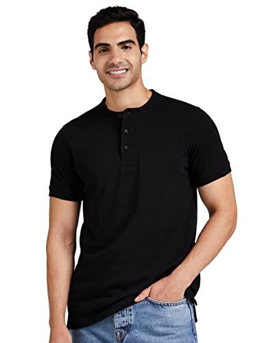 amazon brand - symbol men's cotton rich polo t shirt | mandarin collar tshirts | half sleeves | plain - regular fit (jet black_l)