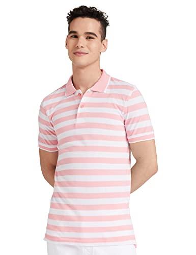 amazon brand - symbol men's cotton rich striped polo t shirt | collar tshirts | half sleeves - regular fit (pink and white_xl)