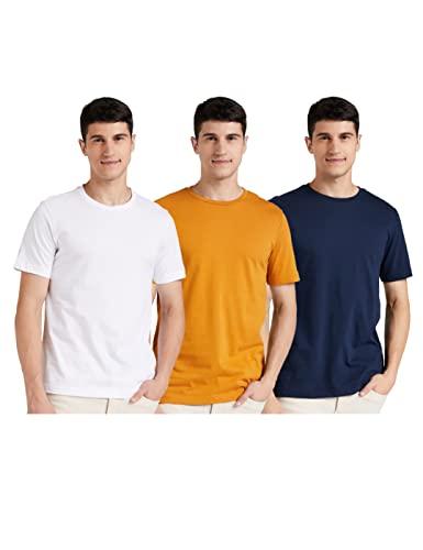 amazon brand - symbol men's solid cotton t shirt | plain | round neck | half sleeve - regular fit | combo pack of 3 (available in plus size) (white, mustard gold, iris navy_xl)