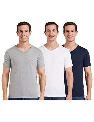 amazon brand - symbol men's solid cotton t shirt | plain | v neck | half sleeve - regular fit | combo pack of 3 (available in plus size) (white, grey melange, navy_xl)