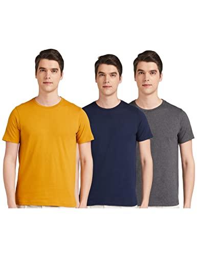 amazon brand - symbol men's solid regular fit half sleeve cotton t-shirt (aw17plpo3-3_darkgreymelange,irisnavy,incagold_xl)