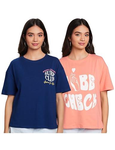 amazon brand - symbol women's oversized fit t-shirt (aw23-sym-wte-201_ink blue-coral pink xl)