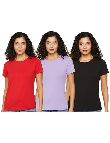 amazon brand - symbol women's plain regular fit short sleeve cotton t-shirt (pack of 3) (rn-po3-combo24_black, red & lavendar_xl)