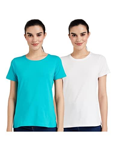 amazon brand - symbol women's solid regular fit half sleeve t-shirt (2rn23_white&sea green_xxl) (combo pack of 2)