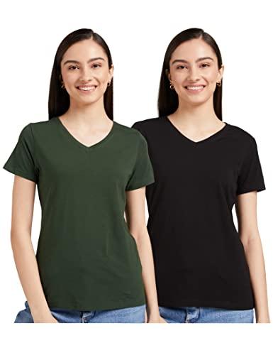 amazon brand - symbol women's solid regular fit half sleeve t-shirt (2vn05_black&dk green_l) (combo pack of 2)