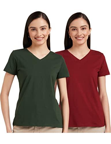 amazon brand - symbol women's solid regular fit half sleeve t-shirt (2vn06_wine&dk green_xl) (combo pack of 2)