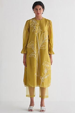 amber yellow chanderi embroidered tunic set
