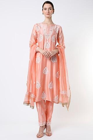 amber peach embroidered lucknowi kurta set