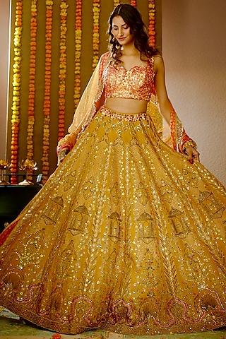 amber yellow embroidered lehenga set