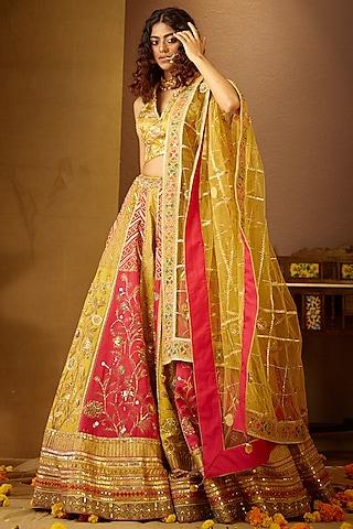 amber yellow printed & embroidered lehenga set