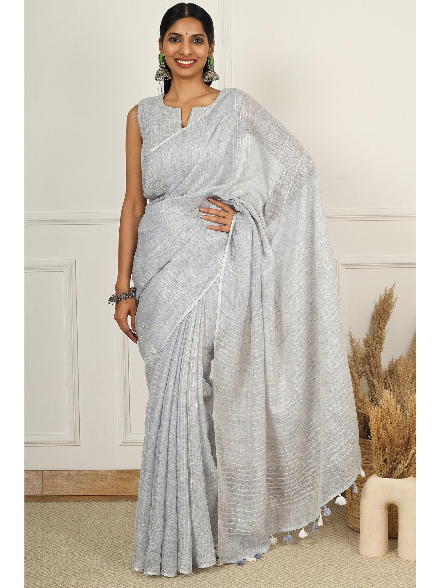 ambika grey stripe handloom linen saree with unstitched blouse