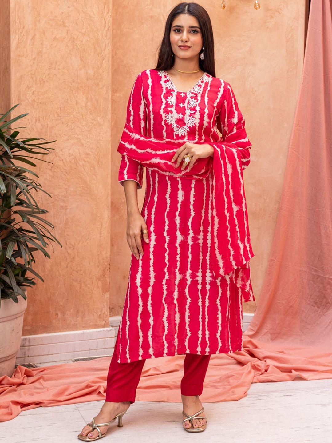 ambraee striped dyed round neck thread work straight kurta with trousers & dupatta