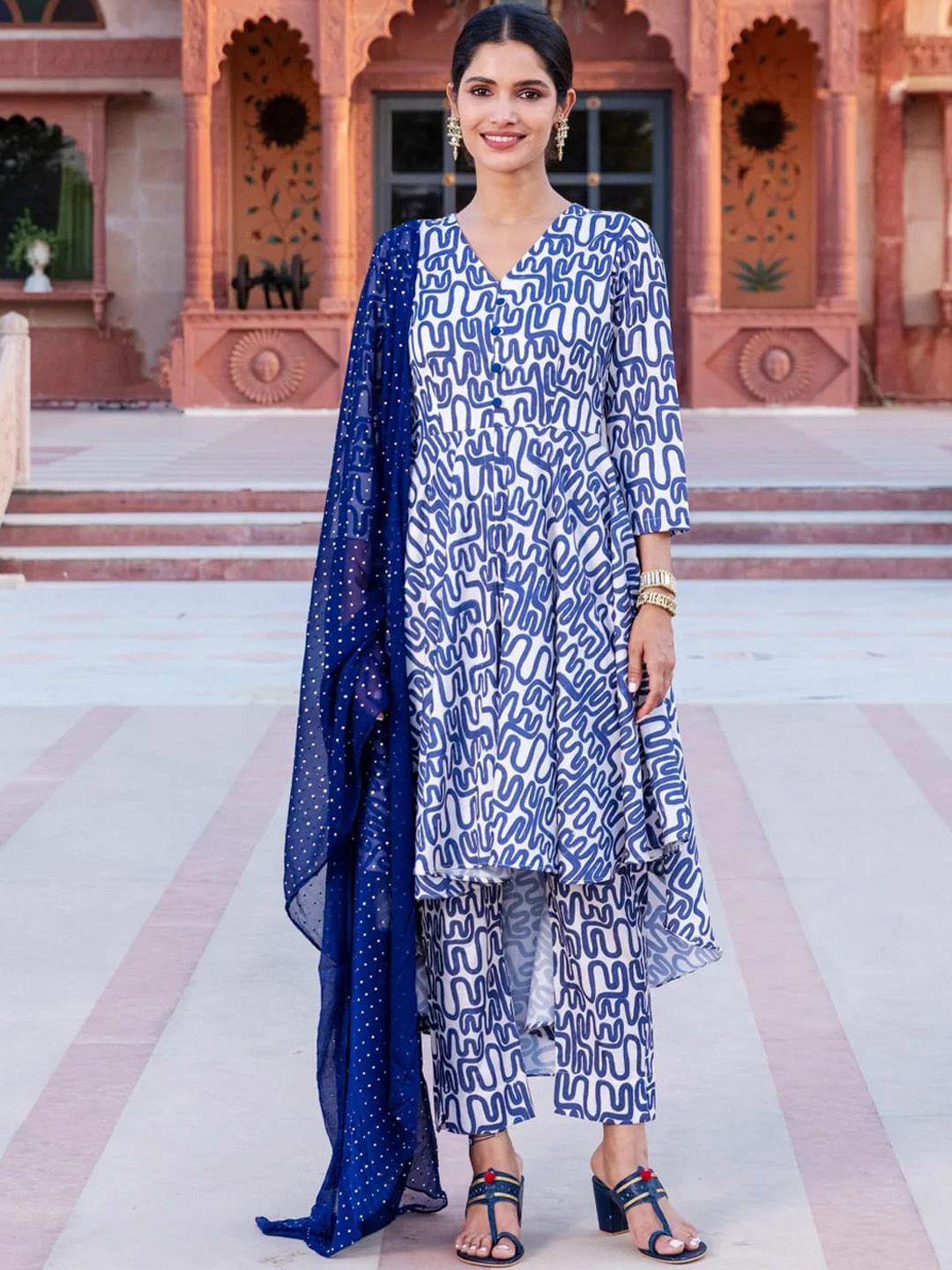 ambraee women blue printed empire kurta with trousers & with dupatta