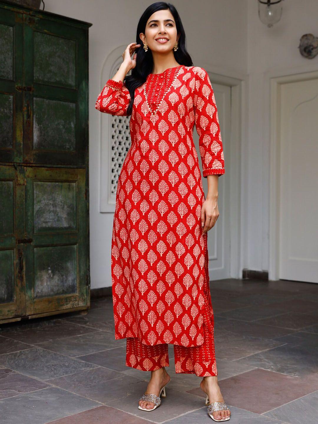 ambraee women red ethnic motifs printed kurta with trousers