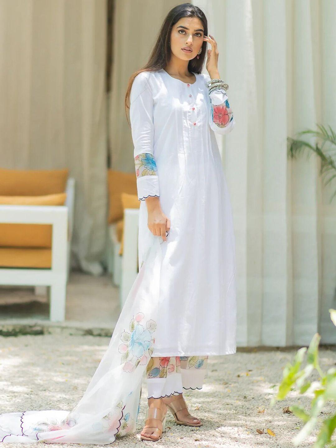 ambraee women white floral kurta with trousers with dupatta