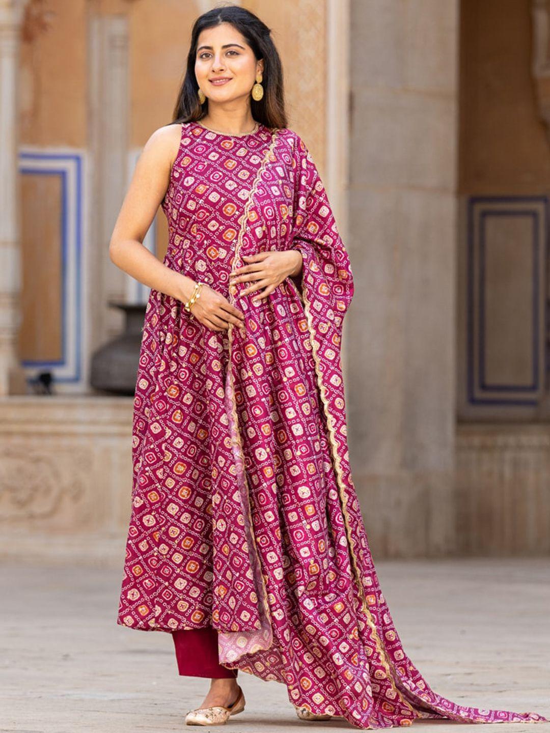 ambraee bandhani printed anarkali kurta with trousers & with dupatta