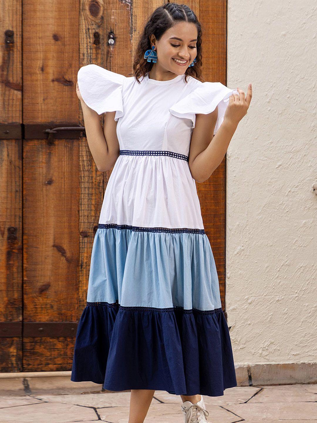 ambraee colourblocked flutter sleeves tiered midi cotton fit & flare dress