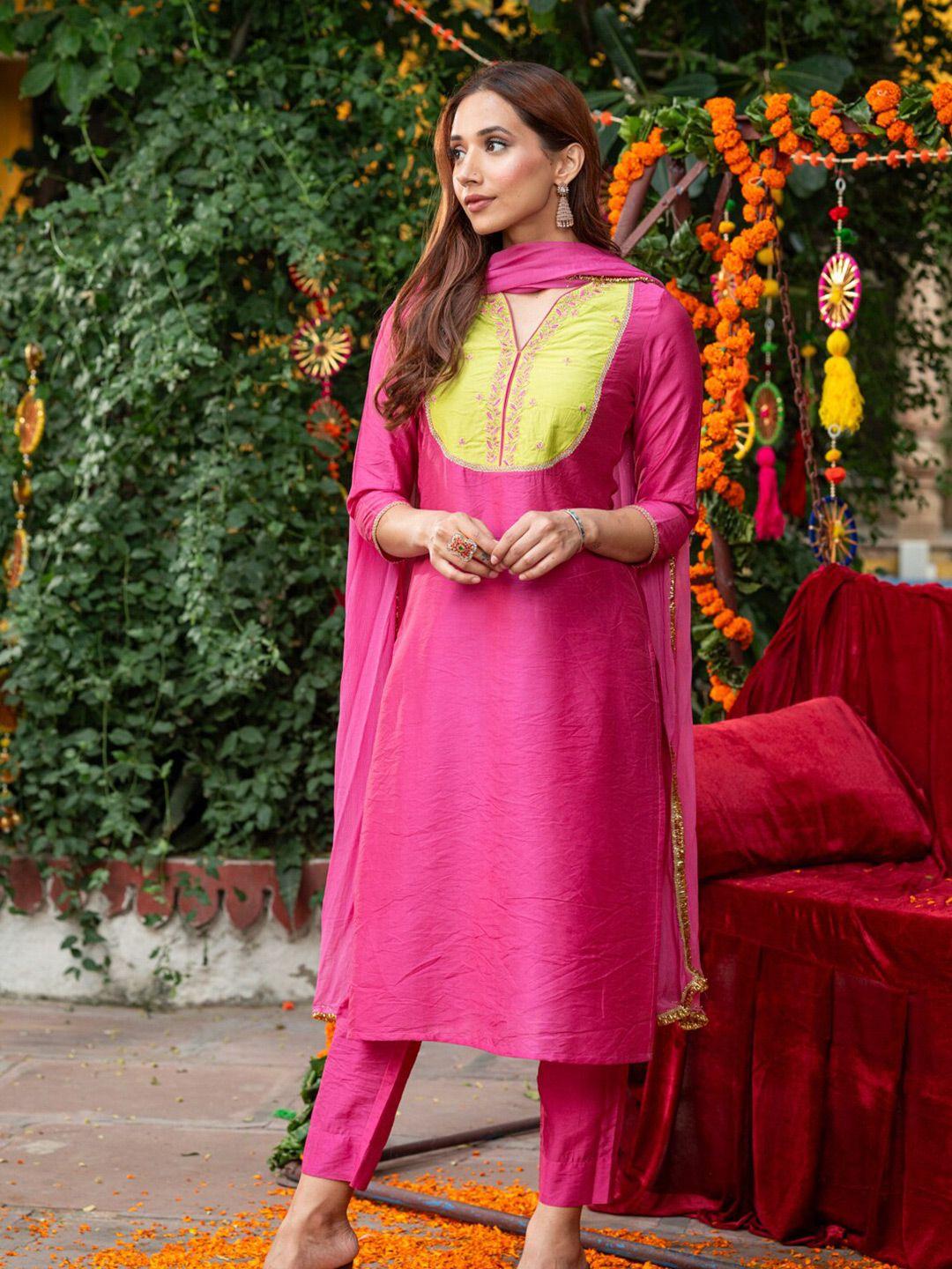 ambraee embroidered chanderi silk straight kurta with trousers & dupatta