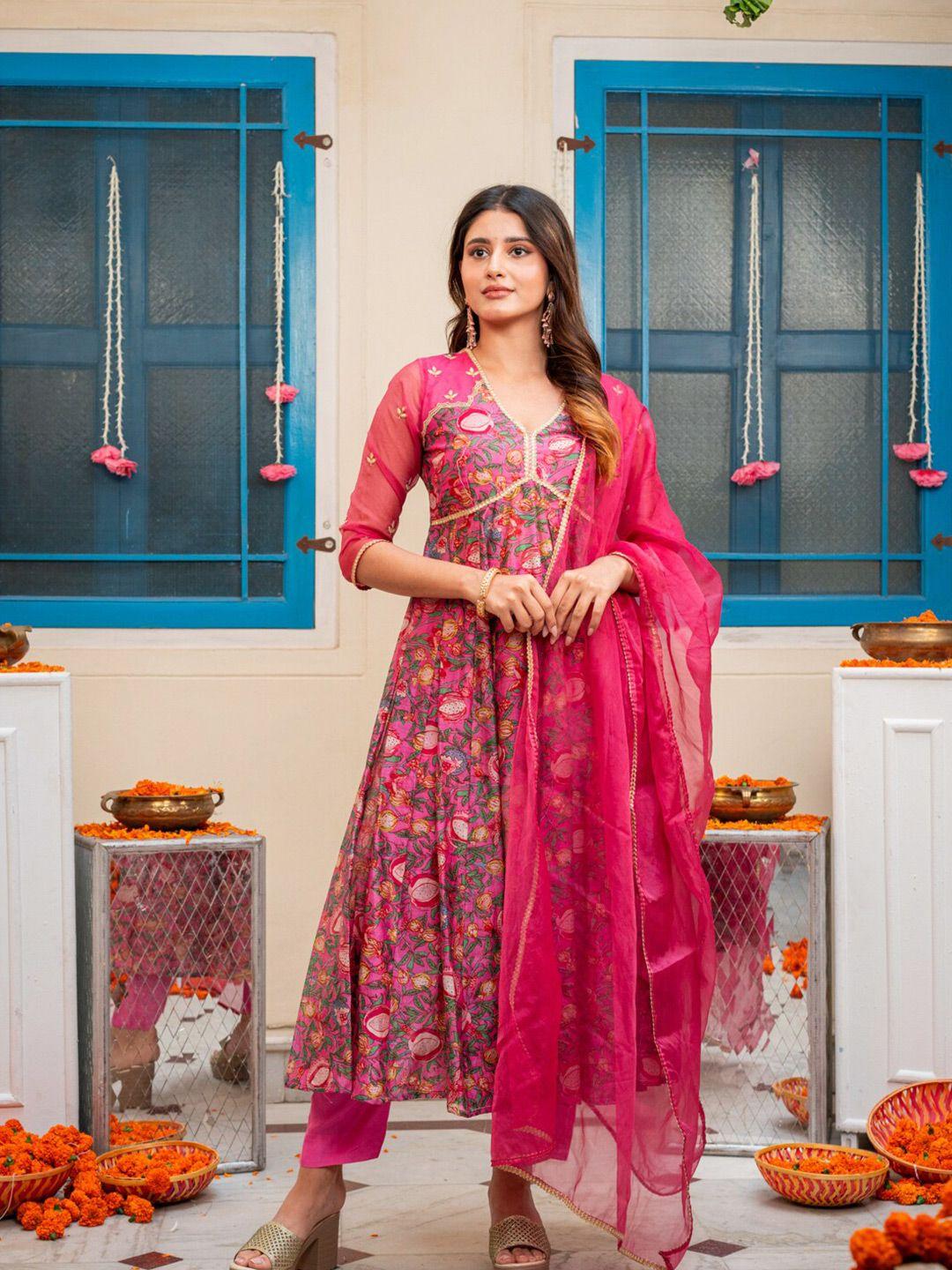 ambraee ethnic floral printed chanderi silk anarkali kurta with trousers & dupatta