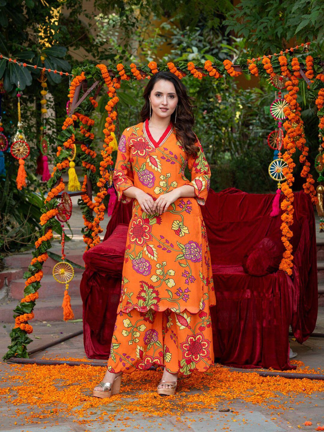 ambraee ethnic floral printed straight kurta with palazzos