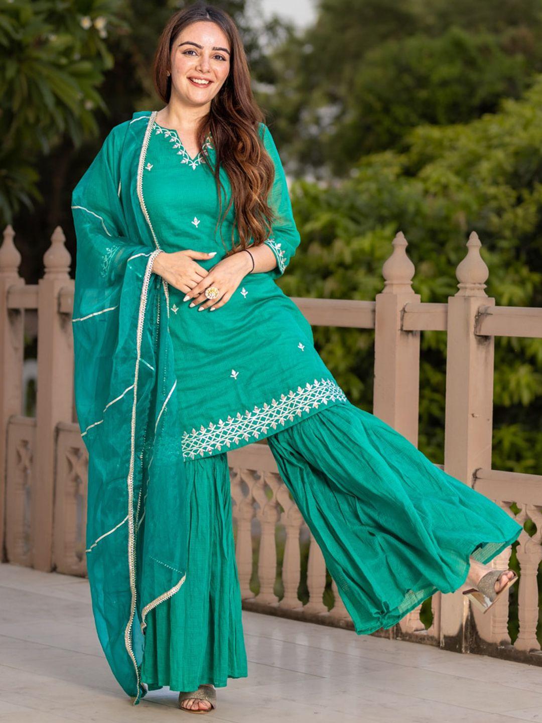 ambraee ethnic motifs embroidered mirror work kurta with sharara & dupatta