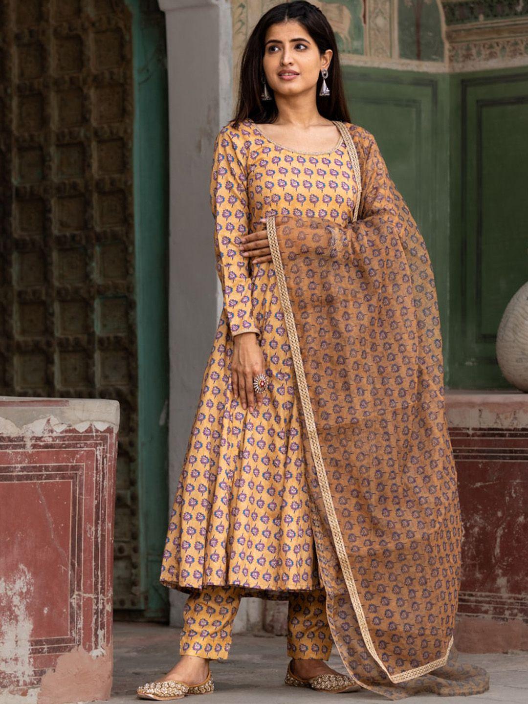 ambraee ethnic motifs printed anarkali kurta with trousers & dupatta