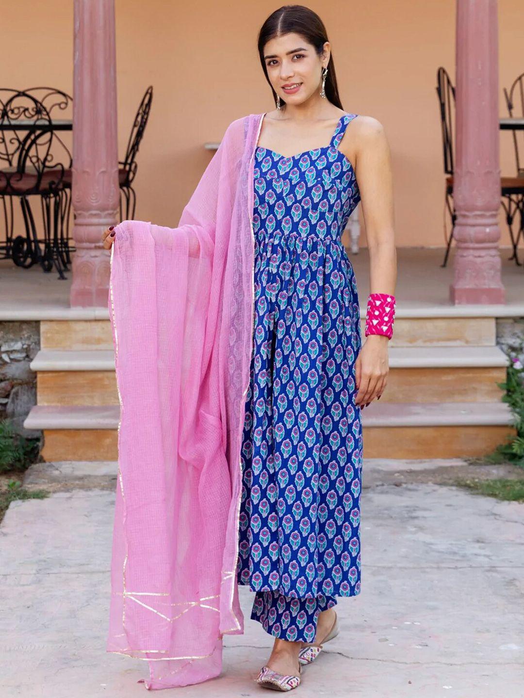 ambraee ethnic motifs printed pleated kurta with trousers & with dupatta