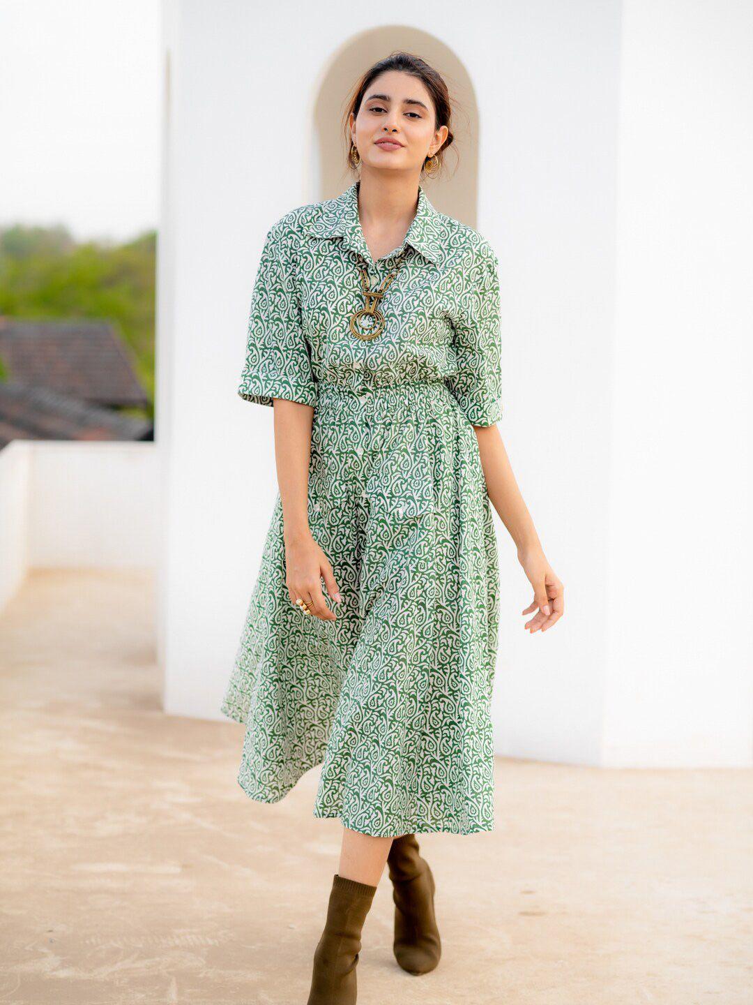 ambraee ethnic motifs printed shirt collar fit & flare midi cotton dress