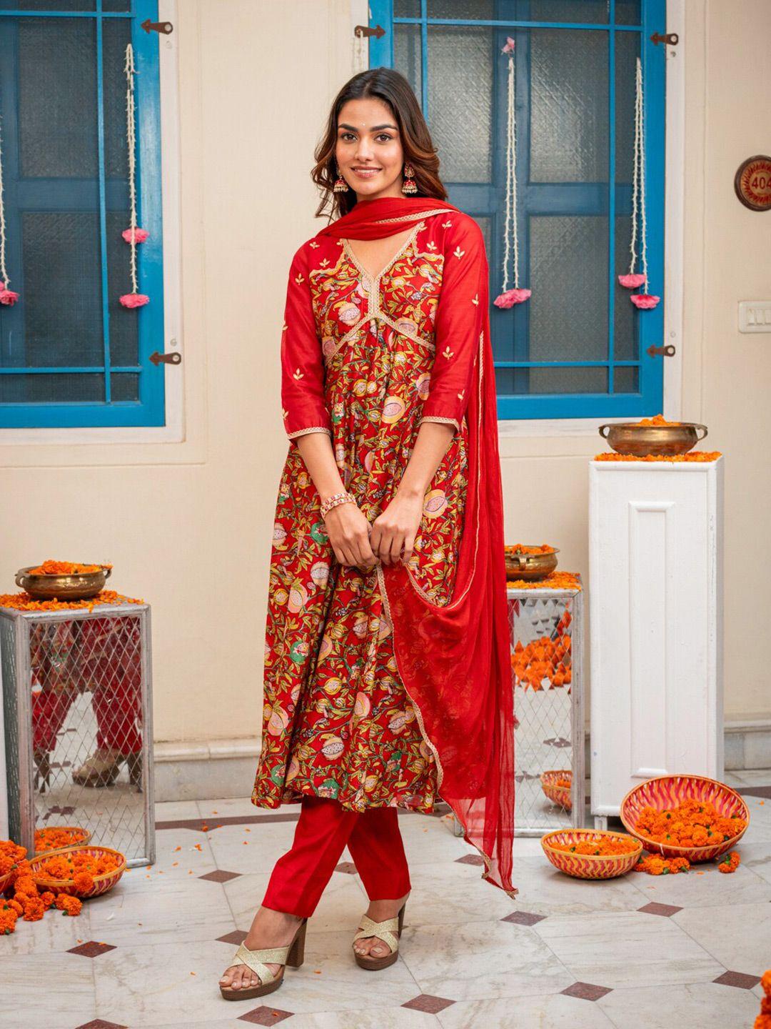 ambraee floral empire v-neck gotta patti chanderi silk kurta with trousers & dupatta